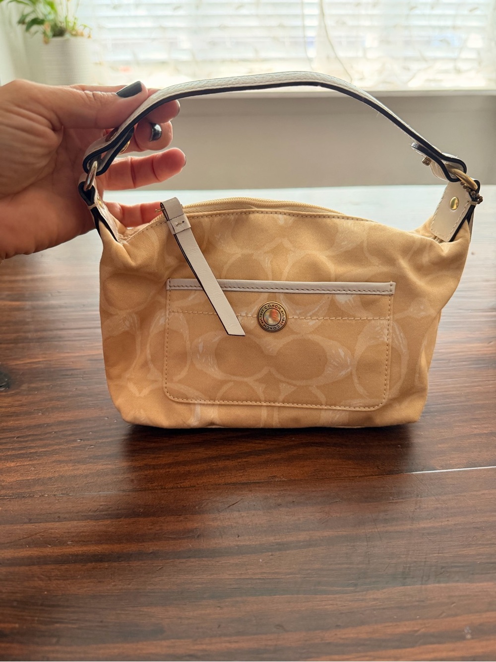 Coach Mini Shoulder Bag in Beige with White Trim. Perfect condition.